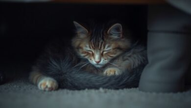 A cat sleeping peacefully under a bed.