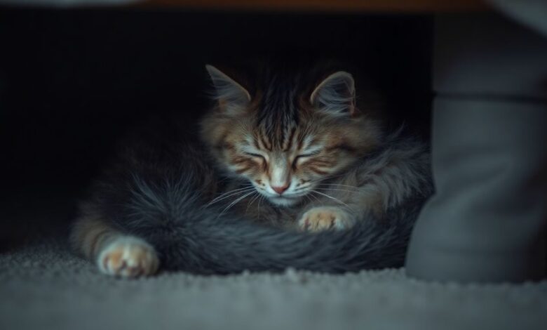 A cat sleeping peacefully under a bed.