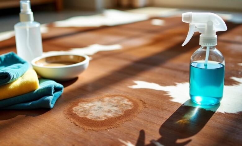 Cowhide rug with a stain and cleaning supplies nearby.