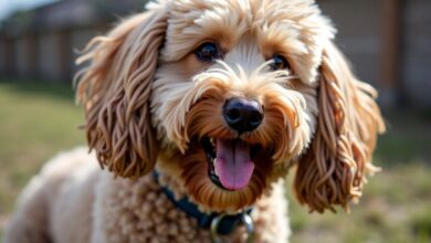 Close-up of a playful Puli dog outdoors.