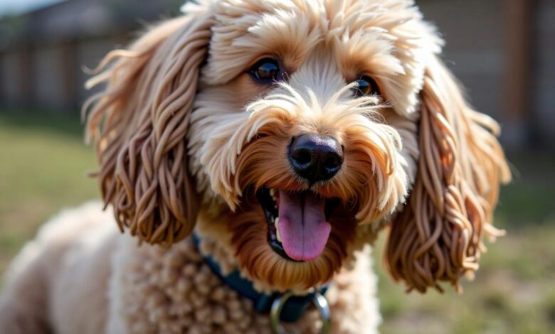 Close-up of a playful Puli dog outdoors.