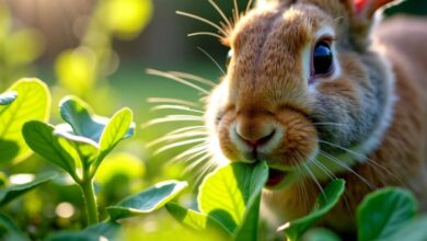 Rabbit eating fresh purslane in a garden.