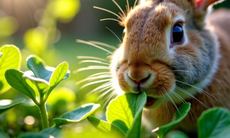 Rabbit eating fresh purslane in a garden.