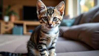 Playful American Shorthair cat in a cozy home setting.