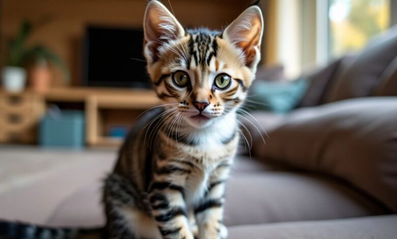 Playful American Shorthair cat in a cozy home setting.