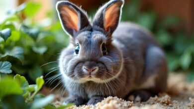 Blue Holland Lop rabbit with floppy ears and soft fur.