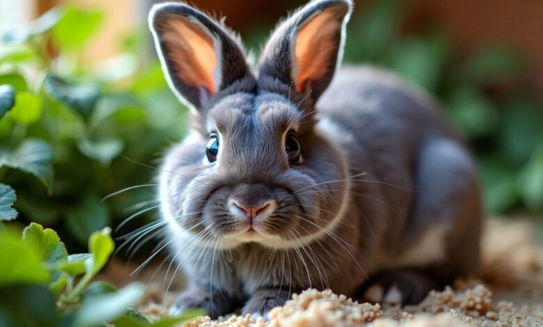 Blue Holland Lop rabbit with floppy ears and soft fur.