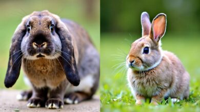 French Lop and Holland Lop rabbits side by side.