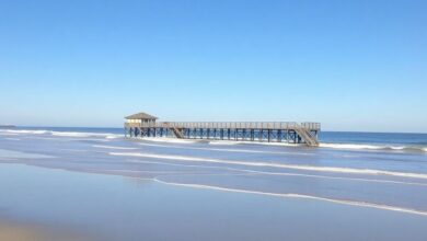 Fishing pier at Island Beach State Park with ocean view.