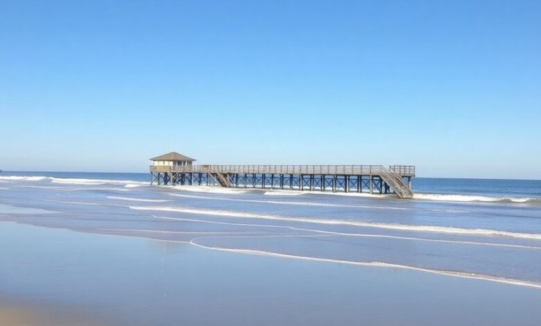 Fishing pier at Island Beach State Park with ocean view.