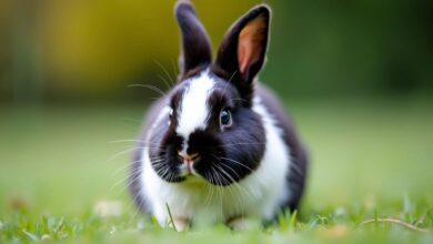 Black and White Holland Lop rabbit on green grass.