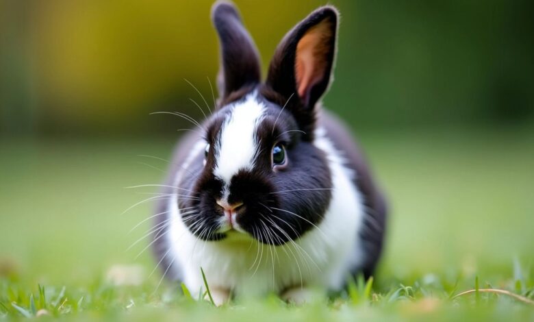 Black and White Holland Lop rabbit on green grass.