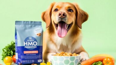 Happy dog with Origins HMO Prebiotics and fresh ingredients.