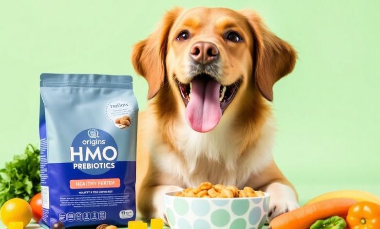 Happy dog with Origins HMO Prebiotics and fresh ingredients.