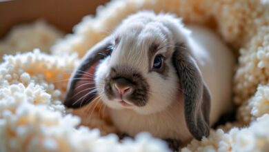 Fluffy newborn Holland Lop rabbit in soft bedding.