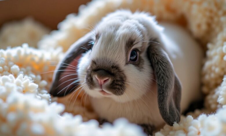 Fluffy newborn Holland Lop rabbit in soft bedding.