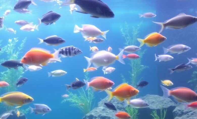 Colorful fish swimming in a large aquarium.