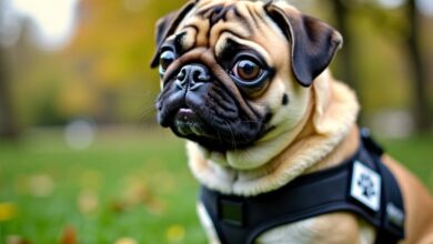 Pug in service dog vest sitting in a park.