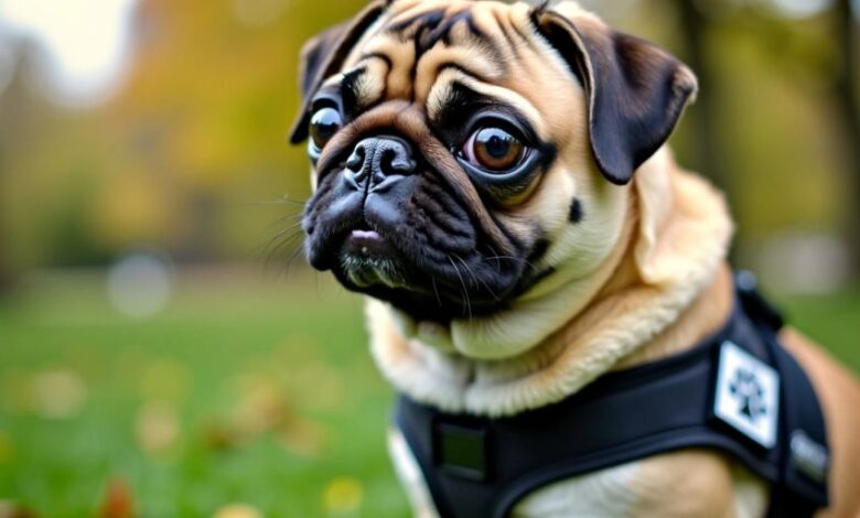 Pug in service dog vest sitting in a park.