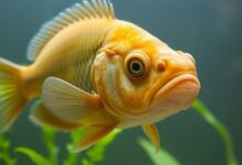 Distressed fish in murky tank water.