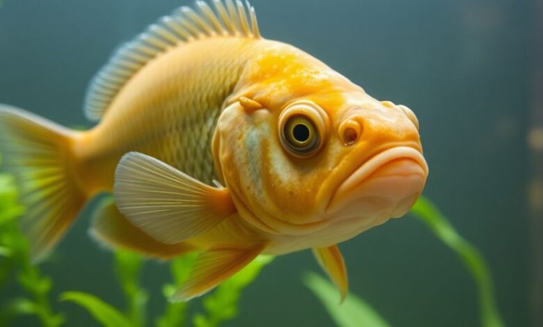 Distressed fish in murky tank water.