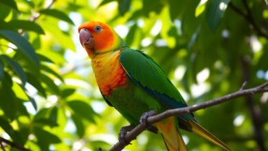 Colorful Quaker parrot on a branch in greenery.