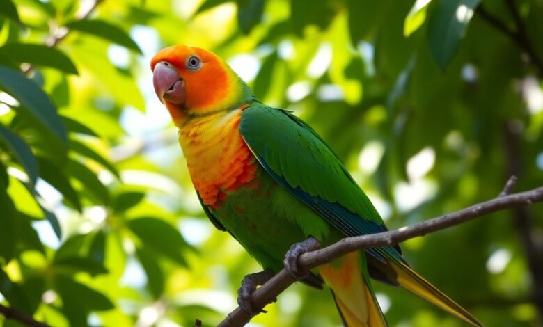 Colorful Quaker parrot on a branch in greenery.