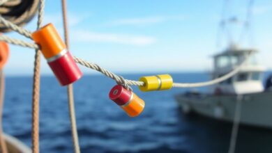 Fishing line with colorful insulators on a boat.