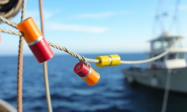 Fishing line with colorful insulators on a boat.