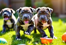 Playful American Bully puppies in a sunny backyard.