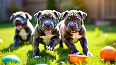 Playful American Bully puppies in a sunny backyard.