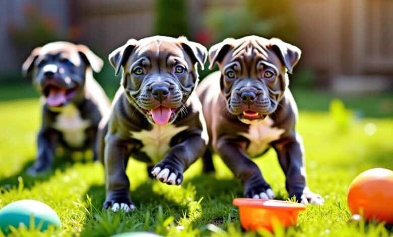 Playful American Bully puppies in a sunny backyard.