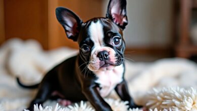 Playful Boston Terrier puppy on a soft blanket.