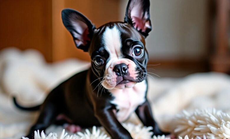 Playful Boston Terrier puppy on a soft blanket.