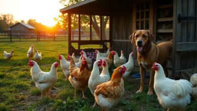 Chickens and a guardian dog on a farm.