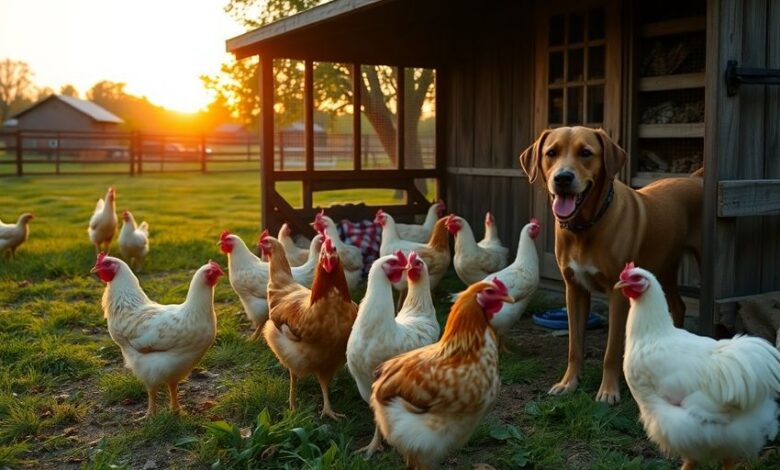 Chickens and a guardian dog on a farm.