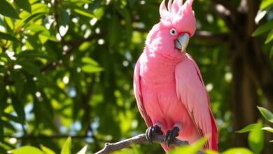 Pink cockatoo perched on a branch in greenery.