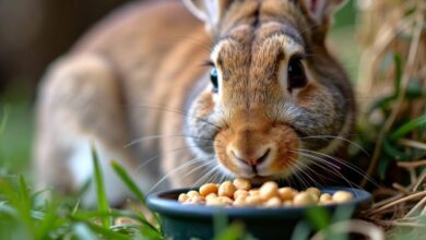 Rabbit eating goat feed in a grassy area.