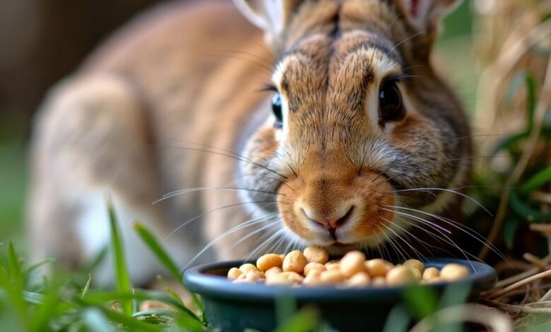 Rabbit eating goat feed in a grassy area.