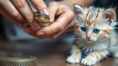 Person handling snake with a kitten nearby.