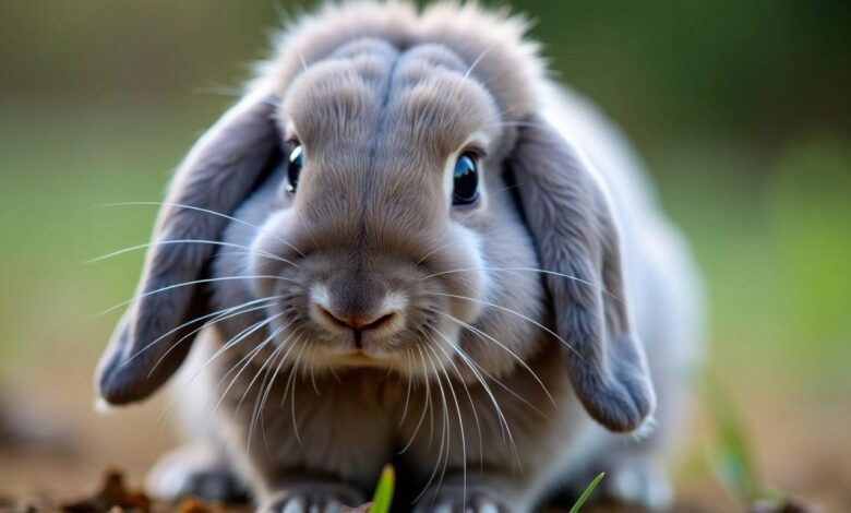 Close-up of a Grey Holland Lop rabbit.