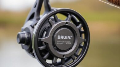 Close-up of a Bruin fishing reel on display.