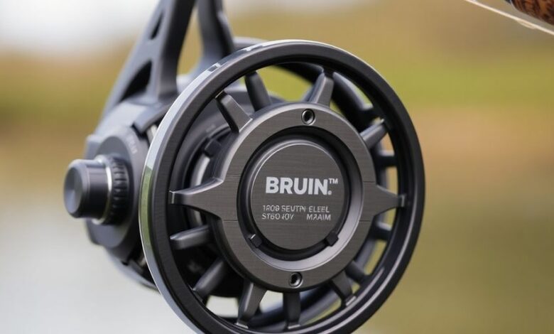 Close-up of a Bruin fishing reel on display.