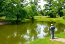 Person fishing in a tranquil park pond in Brick, NJ.