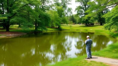 Person fishing in a tranquil park pond in Brick, NJ.