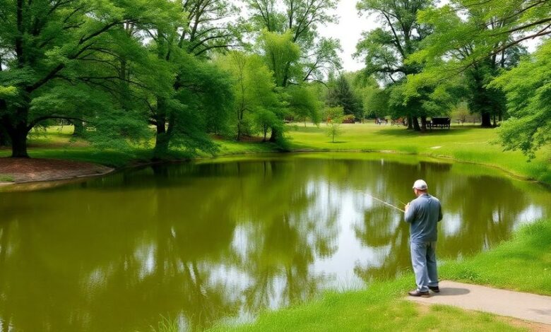 Person fishing in a tranquil park pond in Brick, NJ.