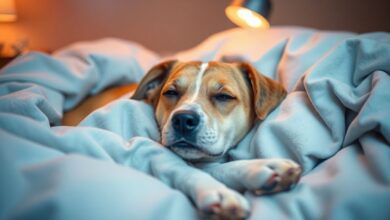 Dog resting peacefully in bed after surgery.