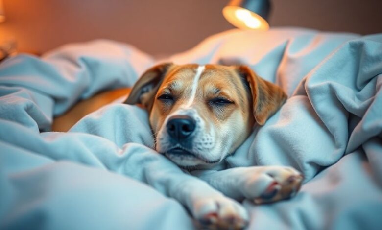 Dog resting peacefully in bed after surgery.