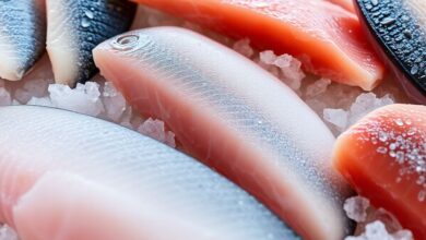 Frozen fish fillets on ice, showcasing freshness and quality.