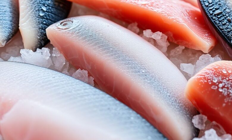 Frozen fish fillets on ice, showcasing freshness and quality.